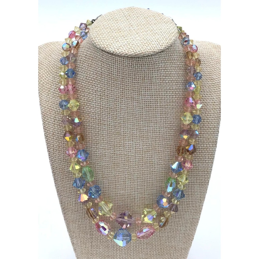 Vintage Aurora Borealis Crystal Bead Double Strand Necklace Pastel Rainbow 16" - Picture 4 of 7
